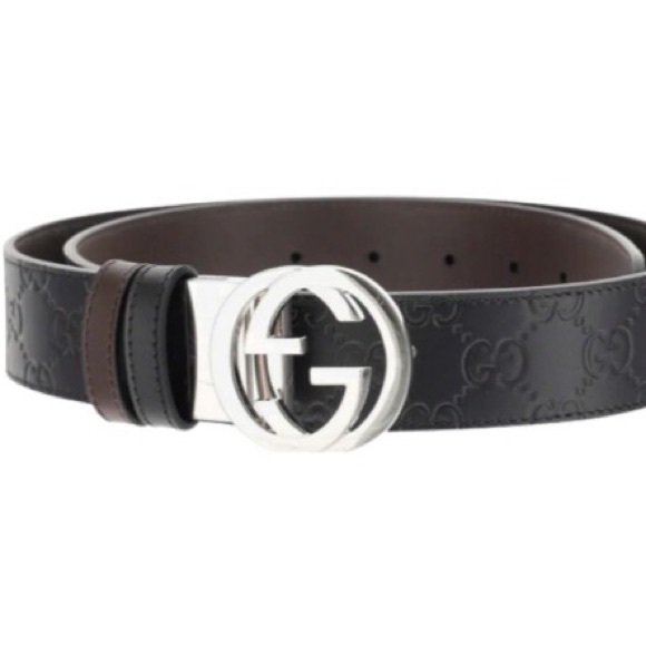 Gucci Black and Brown Leather Belt with Silver Buckle
